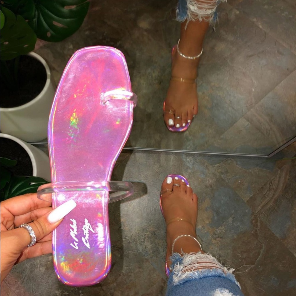 Iridescent slide sandals